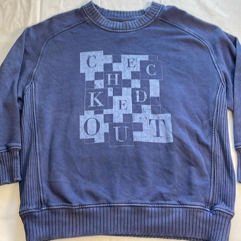 AERIE Down-To-Earth Crewneck Sweatshirt Checked Out Faded Blue Ribbed Oversize S - Picture 6 of 15